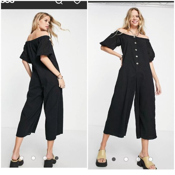 NWOT Asos Design off shoulder button front textured jumpsuit black sz 4 cropped - Picture 1 of 12